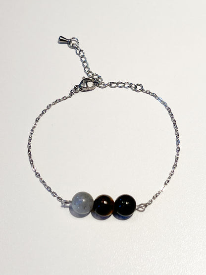 Bracelet de Protection en Acier Inoxydable Argenté avec Labradorite, Œil de Tigre et Obsidienne Noire – Élégance et Énergie