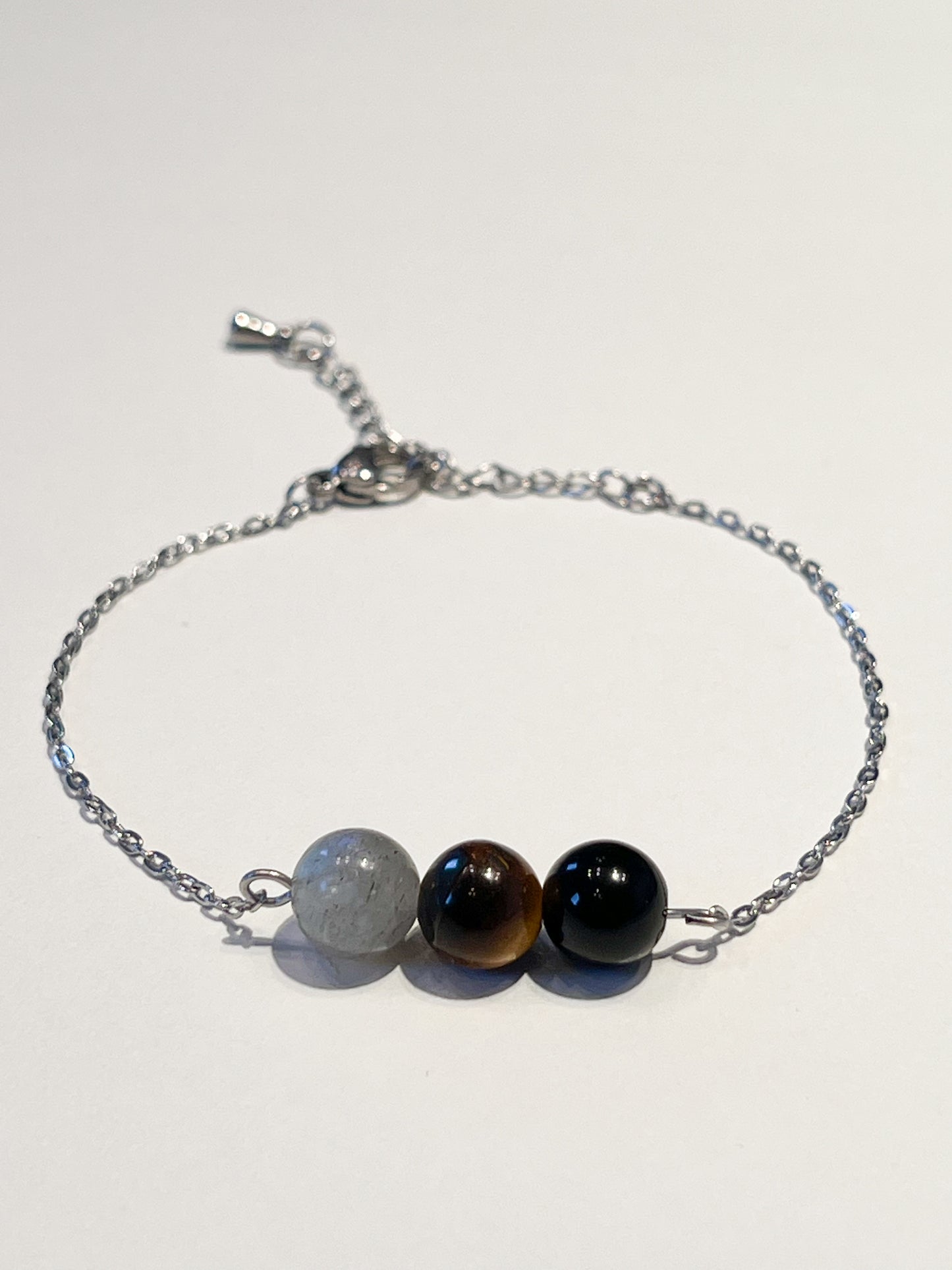 Bracelet de Protection en Acier Inoxydable Argenté avec Labradorite, Œil de Tigre et Obsidienne Noire – Élégance et Énergie