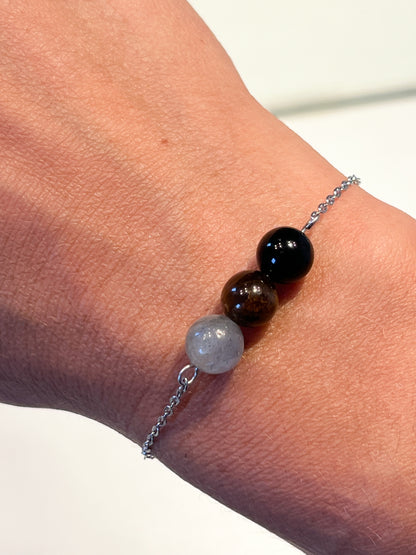 Bracelet de Protection en Acier Inoxydable Argenté avec Labradorite, Œil de Tigre et Obsidienne Noire – Élégance et Énergie