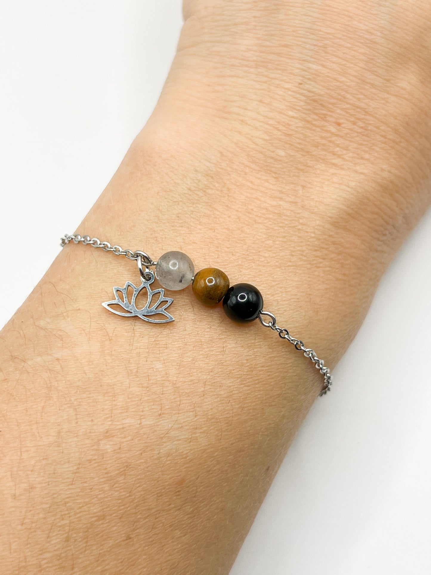 Bracelet Triple Protection en Pierres Naturelles – Œil de Tigre, labradorite & Obsidienne Noire – Acier Inoxydable argenté