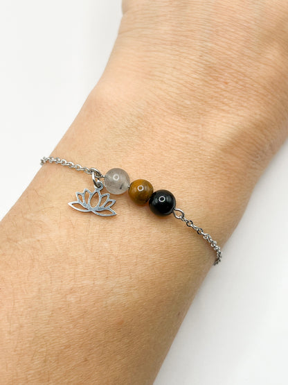 Bracelet Triple Protection en Pierres Naturelles – Œil de Tigre, labradorite & Obsidienne Noire – Acier Inoxydable argenté