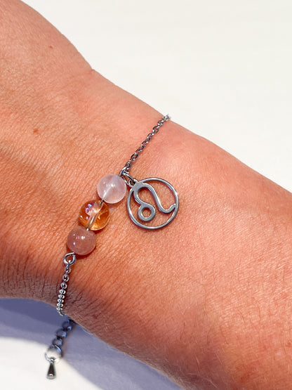 Bracelet Astro Lion en Quartz Rose, Citrine & Acier Inoxydable - Énergie et Élégance