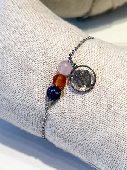 Bracelet astro Vierge en acier inoxydable argenté avec quartz rose, cornaline et lapis lazuli