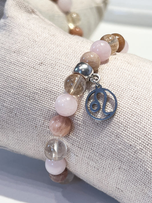 Bracelet Astro Lion : Quartz Rose, Citrine & Pierre de Soleil pour Énergie et Confiance