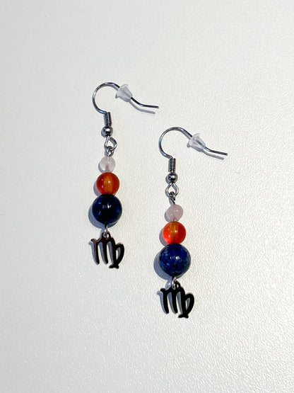 Boucles d'Oreilles Astro Vierge en Acier Inoxydable avec Quartz Rose, Cornaline et Lapis Lazuli