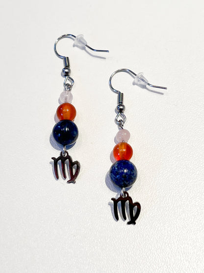 Boucles d'Oreilles Astro Vierge en Acier Inoxydable avec Quartz Rose, Cornaline et Lapis Lazuli