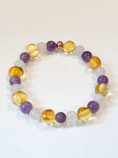 Bracelet enfant en Quartz rose, Améthyste et Ambre : Renforcez la confiance en soi avec cette magnifique parure énergétique