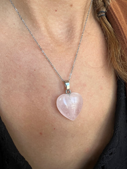 Collier quartz rose pierre naturelle en acier inoxydable argenté – collier en quartz rose femme