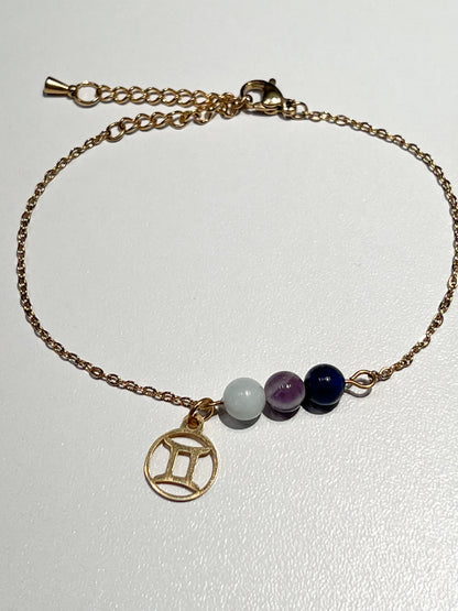 Bracelet Astrologique Gémeaux en Acier Doré avec Aigue-Marine, Lapis Lazuli et Améthyste