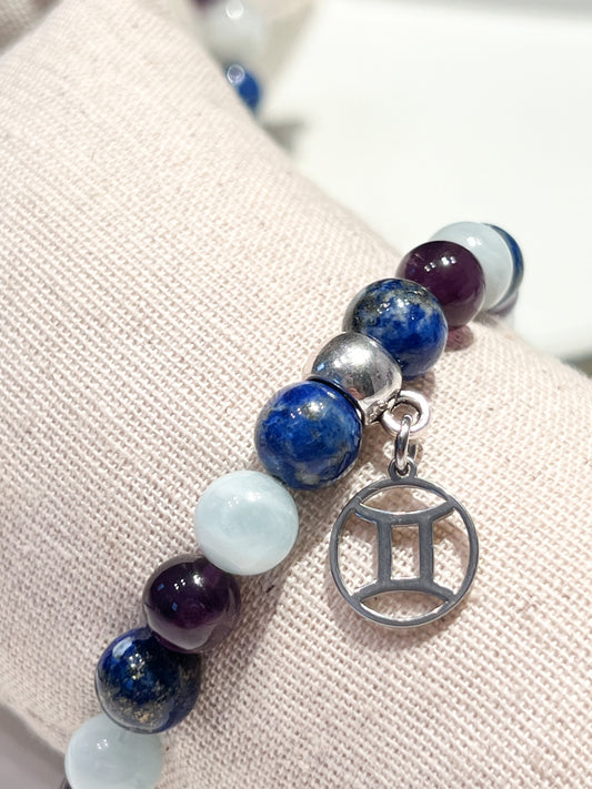 Bracelet Astrologique Gémeaux : Améthyste, Lapis Lazuli et Aigue-Marine