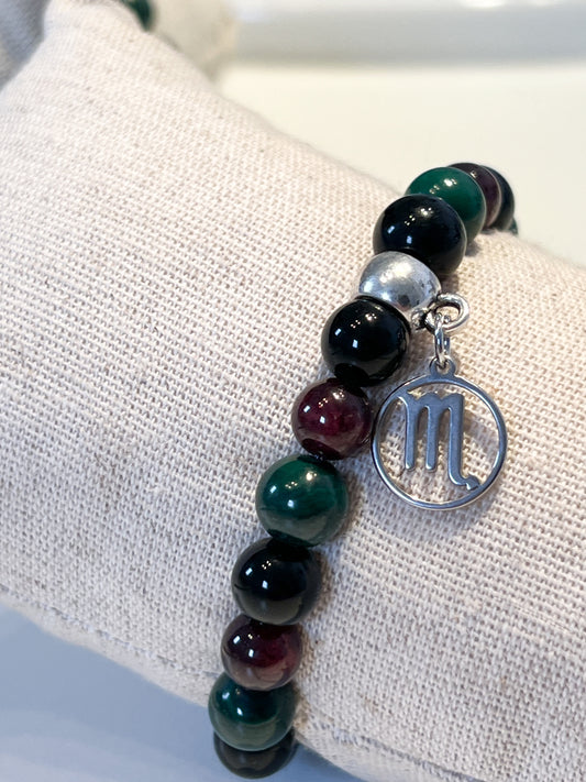 Bracelet Astrologique Scorpion en Malachite, Grenat et Obsidienne Noire – Énergie et Protection