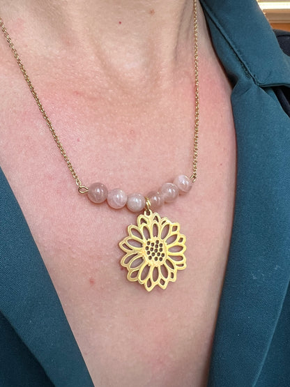 Collier en Pierre de Soleil Naturelle et Acier Inoxydable Doré – Bijou Lumineux Femme