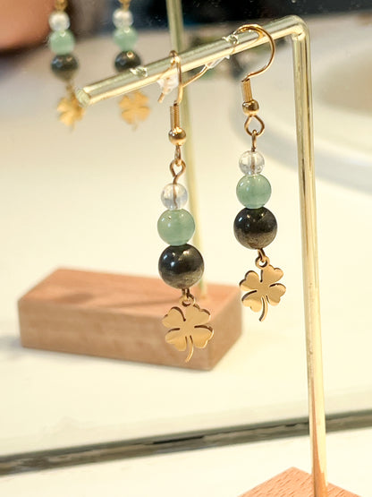 Boucles d'Oreilles Chance en Aventurine, Citrine et Pyrite – Acier Inoxydable Doré