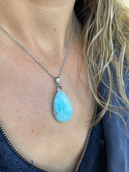Collier Larimar Pierre Naturelle - Pendentif Acier Inoxydable Argenté - Bijou Femme Lithothérapie
