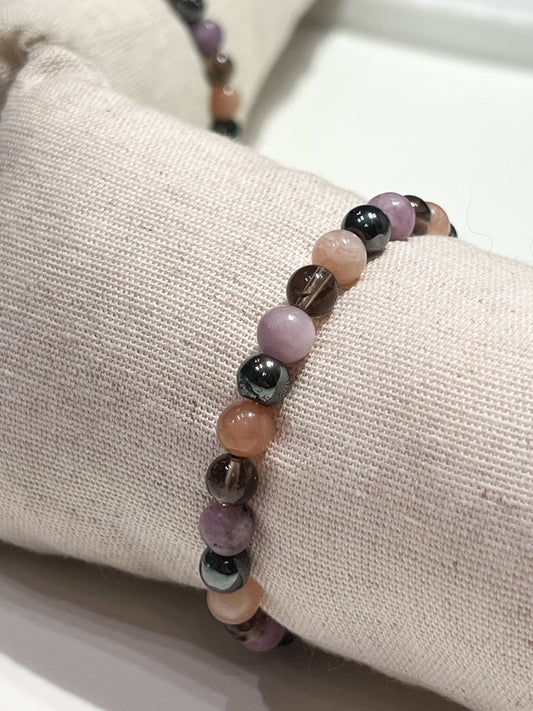 Bracelet contre la dépression en Lépidolite, Quartz Fumé et Pierre de Soleil pour Équilibre Mental