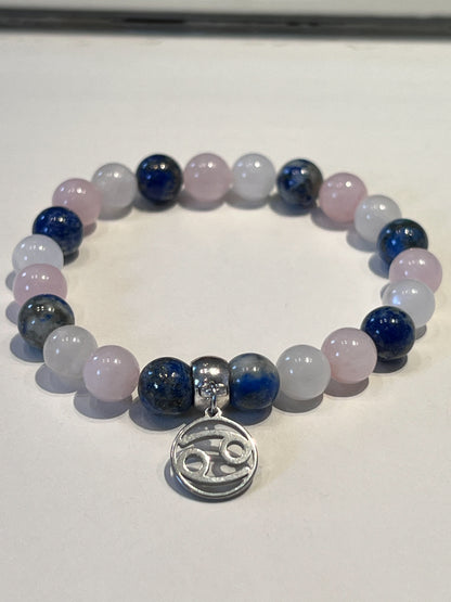 BracBracelet Astro Cancer en Pierre de Lune, Quartz Rose et Lapis Lazuli : Harmonie et Protection