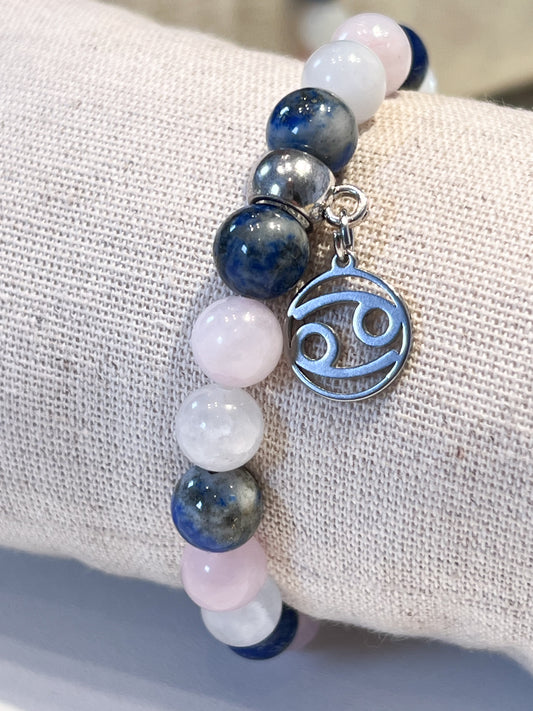 BracBracelet Astro Cancer en Pierre de Lune, Quartz Rose et Lapis Lazuli : Harmonie et Protection