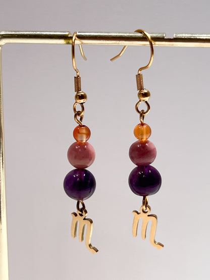 Boucles d'Oreilles Doré Scorpion en Acier avec Améthyste, Rhodochrosite et Cornaline