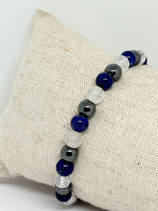 Bracelet Énergétique en Cristal de Roche, Lapis Lazuli et Hématite : Force et Paix Intérieure