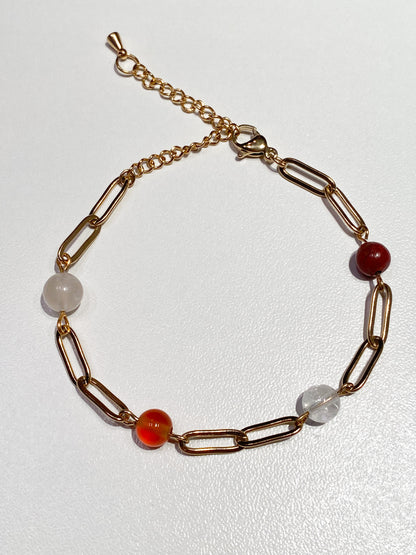 Bracelet fertilité Pierre de lune, cornaline, jaspe rouge et cristal de roche en acier inoxydable doré