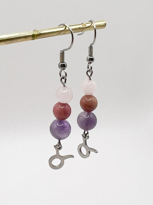 Boucles d’oreilles Astro Taureau en Acier Argenté et Pierre Naturelle – Bijou Zodiaque Femme