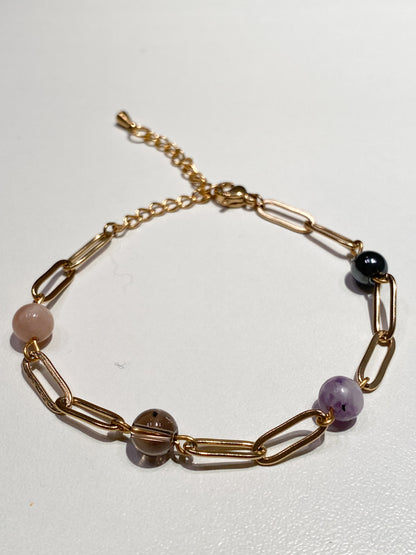 "Combattez la Dépression avec Style : Bracelet en Acier Doré et Pierre de soleil, Lépidolite, Hématite et Quartz fumé