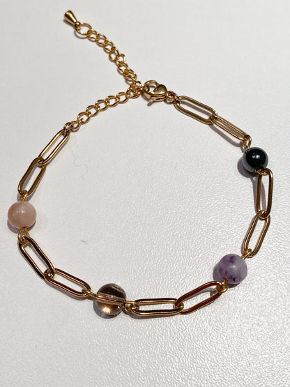 "Combattez la Dépression avec Style : Bracelet en Acier Doré et Pierre de soleil, Lépidolite, Hématite et Quartz fumé