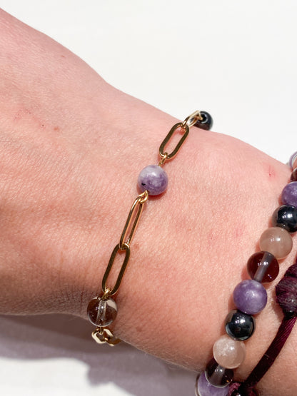 "Combattez la Dépression avec Style : Bracelet en Acier Doré et Pierre de soleil, Lépidolite, Hématite et Quartz fumé