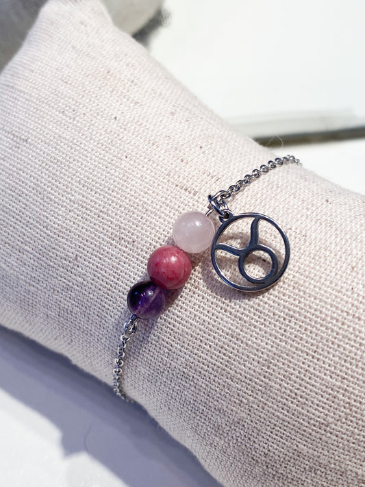 Bracelet Taureau en Acier Inoxydable : Quartz Rose, Rhodonite et Améthyste pour l'Équilibre Émotionnel