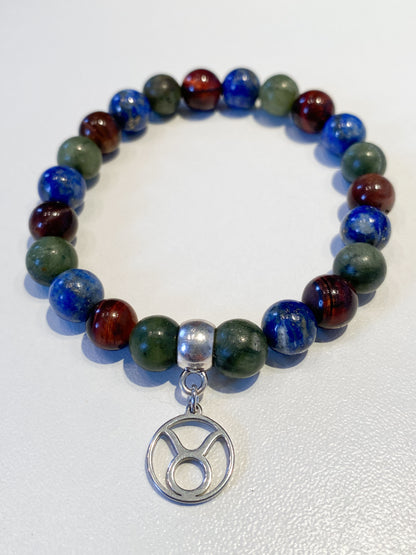 Bracelet spécial Taureau: Cristaux de Jade, Lapis Lazuli et Œil de Taureau pour la Stabilité et la Confiance