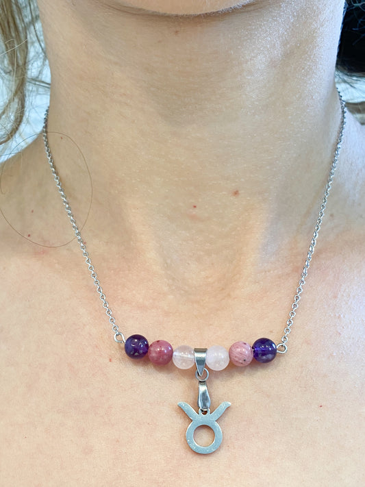 Collier Spécial Taureau : Énergie et Stabilité avec Quartz Rose, Rhodonite et Améthyste en Acier Inoxydable Argenté