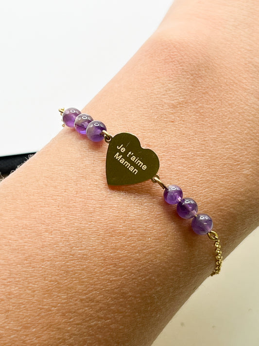 Bracelet Fête des Mères – Améthyste Naturelle & Acier Doré – Cadeau Émotionnel Maman