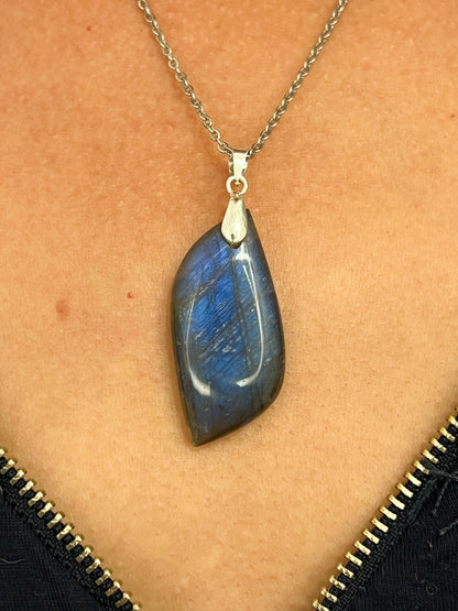 Collier en Labradorite Authentique – Acier Inoxydable Argenté – Fait Main en France