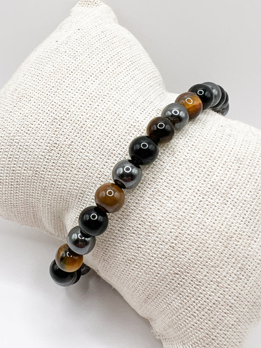 Bracelet Lithothérapie Protection – 6mm Œil de Tigre, Hématite, Obsidienne Noire