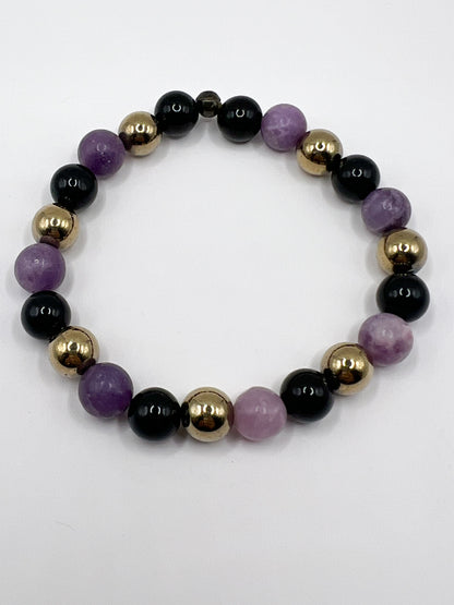 Bracelet Protection & Ancrage – Lépidolite, Obsidienne Noire et Hématite Dorée en Pierres Naturelles