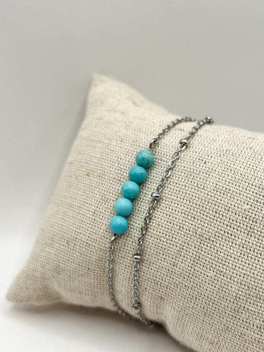 Bracelet Turquoise Double Tour – Bijou Bohème en Acier Argenté pour Femme