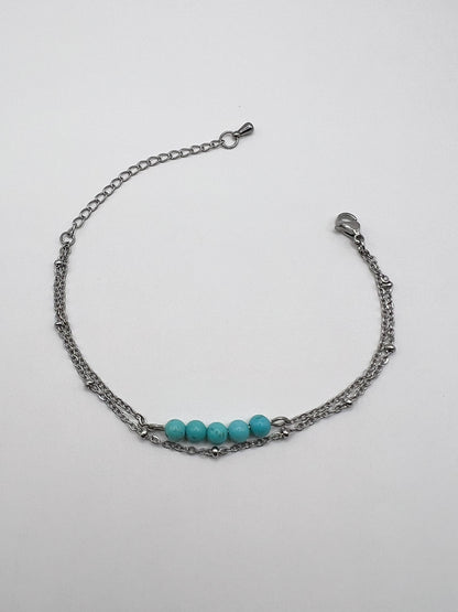 Bracelet Turquoise Double Tour – Bijou Bohème en Acier Argenté pour Femme