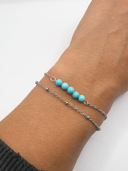 Bracelet Turquoise Double Tour – Bijou Bohème en Acier Argenté pour Femme