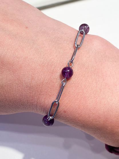 Bracelet en Améthyste et Acier Inoxydable Argenté - Équilibre Énergétique au Poignet