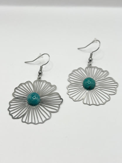 Boucles d’Oreilles Fleur Amazonite – Acier Argenté & Énergie Positive