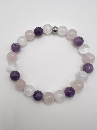 Bracelet Sommeil & Sérénité en Pierres Naturelles 8 mm – Sélénite, Quartz Rose & Lépidolite
