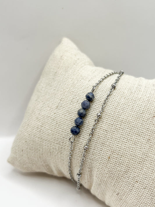Bracelet Saphir Double Rang en Acier argenté – Élégance, Protection & Énergie