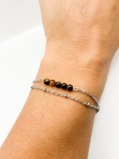 Bracelet Double Rang Œil de Tigre – Bijou Protection & Confiance en Acier Argenté