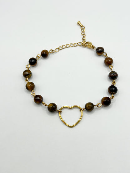 Bracelet Œil de Tigre Naturel – Bijou Lithothérapie Cœur & Acier Doré Hypoallergénique