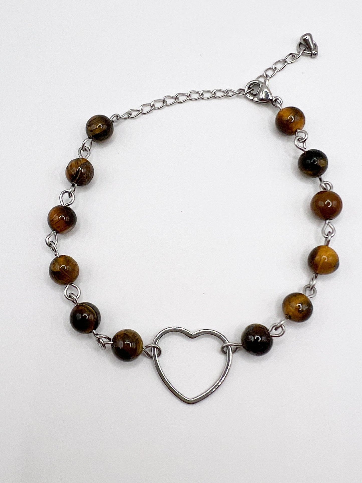 Bracelet Cœur en Œil de Tigre & Acier Inoxydable Argenté – Protection, Confiance & Énergie Positive