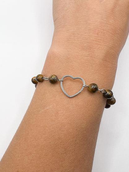 Bracelet Cœur en Œil de Tigre & Acier Inoxydable Argenté – Protection, Confiance & Énergie Positive