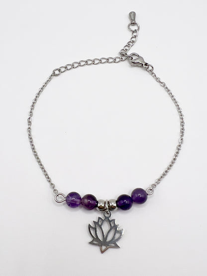 Bracelet Améthyste Lotus Argenté – Sérénité, Énergie & Harmonie 💜