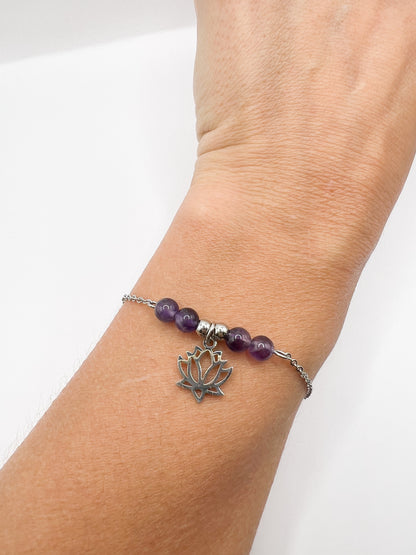 Bracelet Améthyste Lotus Argenté – Sérénité, Énergie & Harmonie 💜