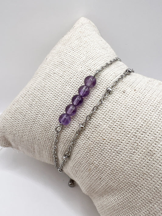 Bracelet Double Rang Améthyste & Acier Argenté – Sérénité, Protection & Harmonie Intérieure