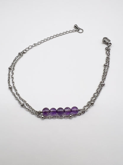 Bracelet Double Rang Améthyste & Acier Argenté – Sérénité, Protection & Harmonie Intérieure
